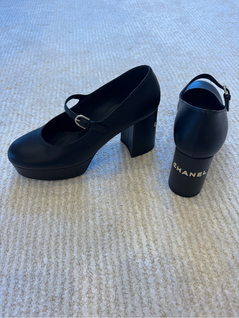 CHANEL Black Leather Mary Jane Platform Block Heels